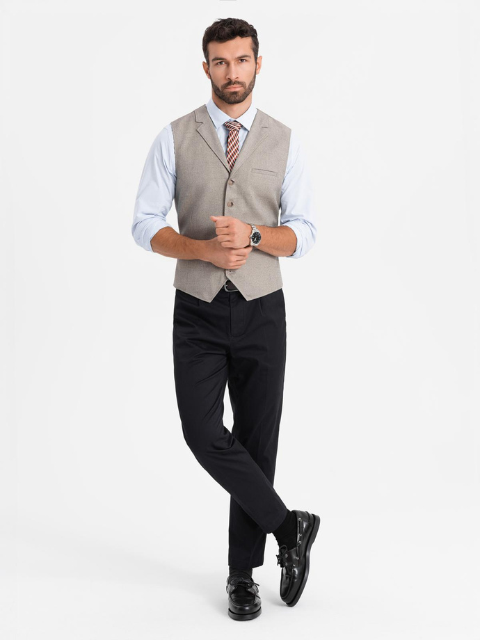 Kamizelka męska garniturowa z kołnierzem - beżowa V3 OM-BLZV-0109