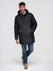 Men's quilted jacket with combined materials and hood - navy blue V3 OM-JALJ-0266