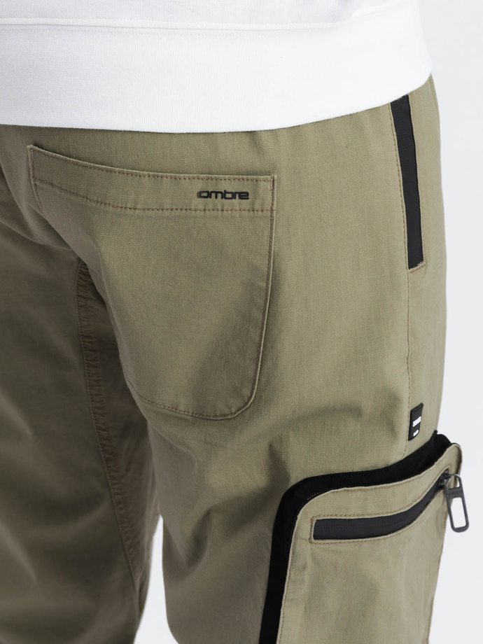 Men's JOGGER pants with zippered cargo pockets - light olive V1 OM-PAJO-0135