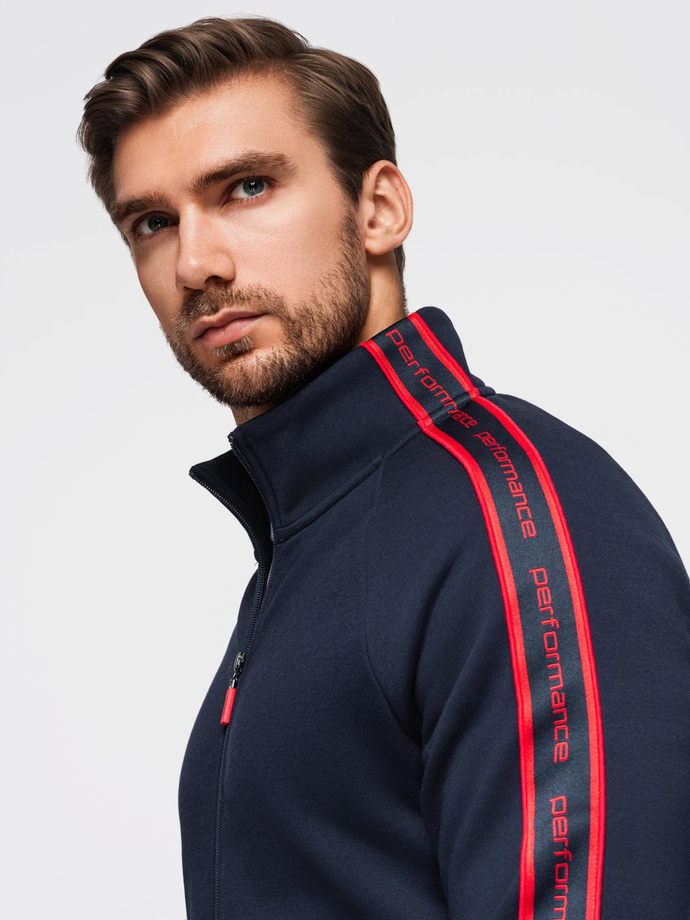 Washed men's sweatshirt with decorative stitching at the neckline - navy blue V4 OM-SSDS-0131
