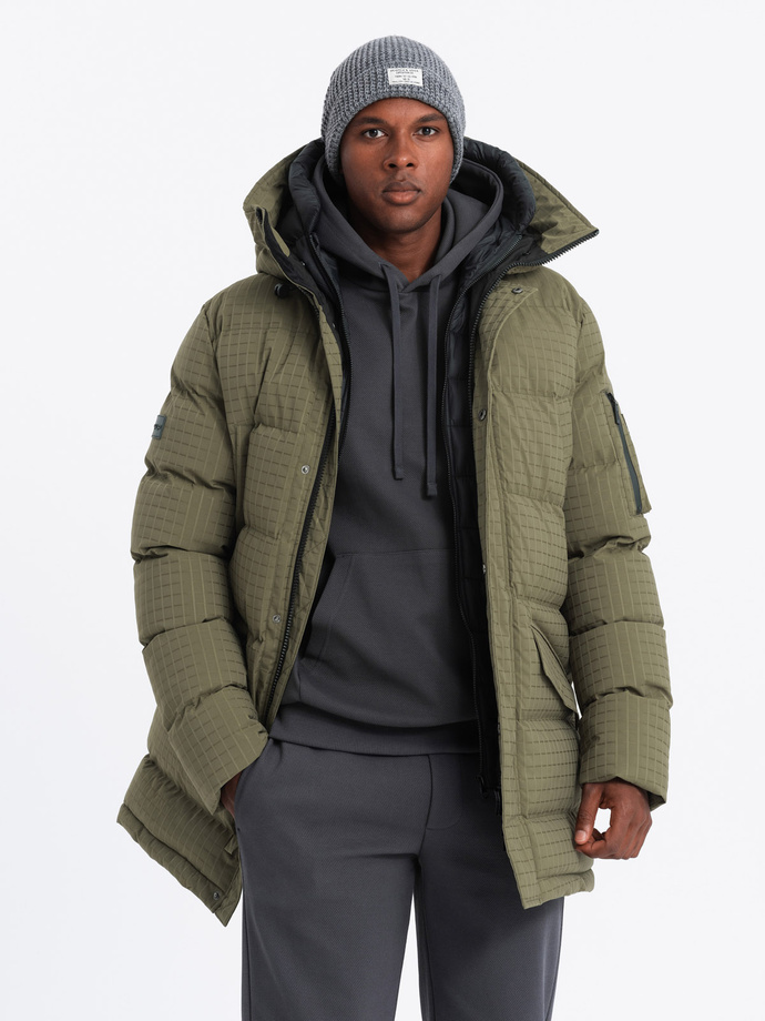 Outdoorowa długa męska kurtka parka  – oliwkowa V4 OM-JALJ-0201