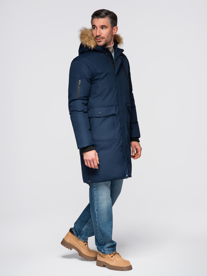 Alaskan men's winter jacket with detachable fur from the hood - navy blue V1 OM-JALJ-0148