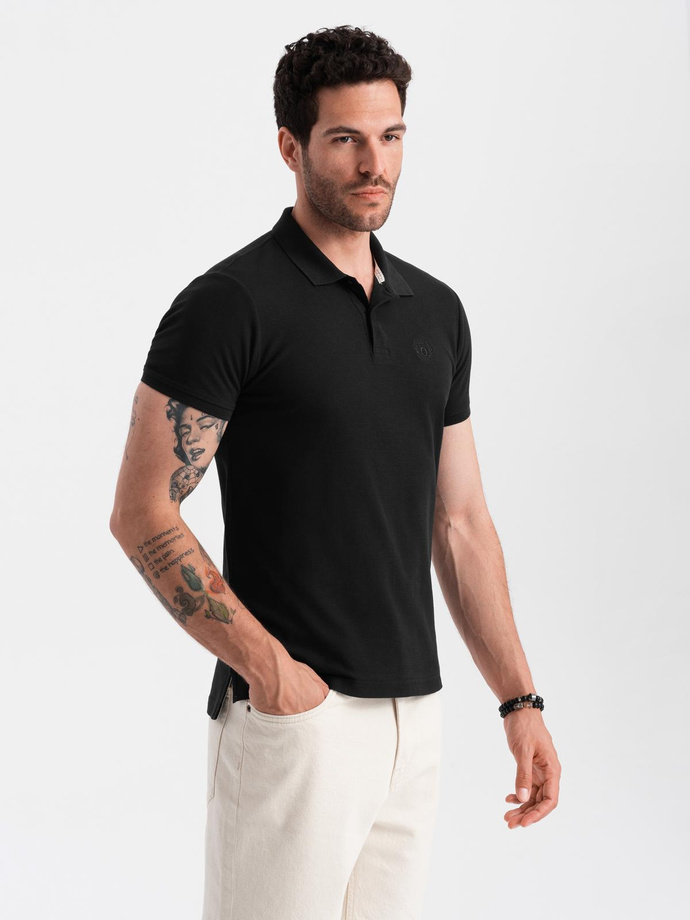 Jednokolorowa koszulka męska polo BASIC z dzianiny pique - czarna V1 OM-POBS-0100
