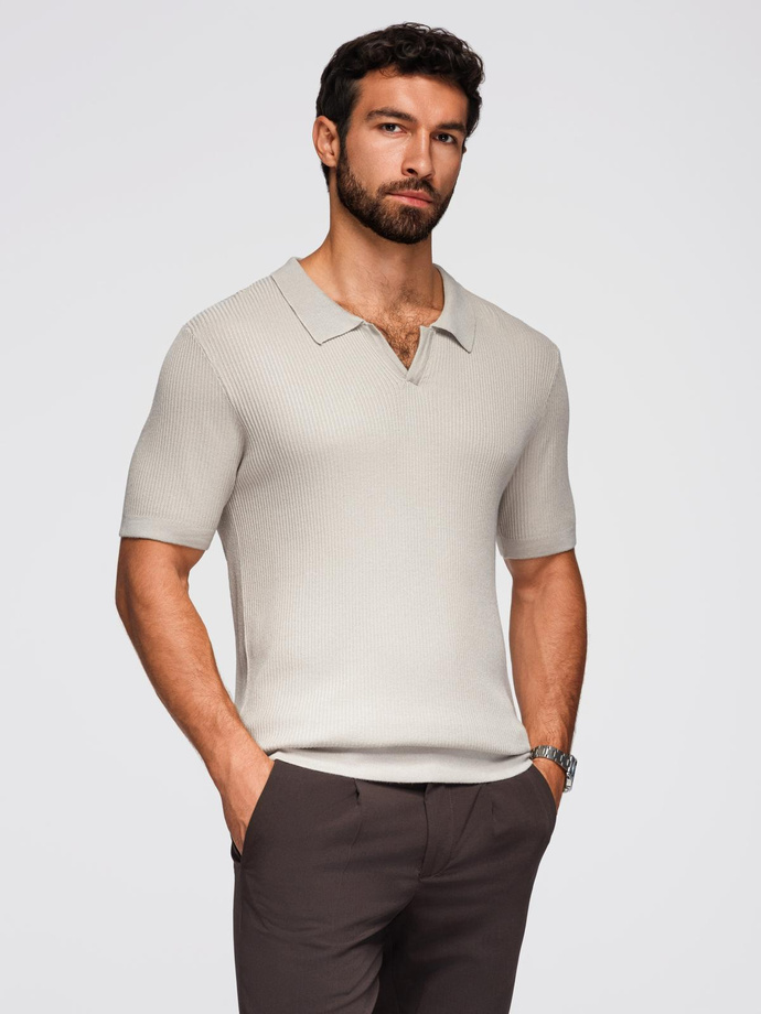 Men's buttonless polo shirt with open collar - light grey V3 OM-POSS-0160