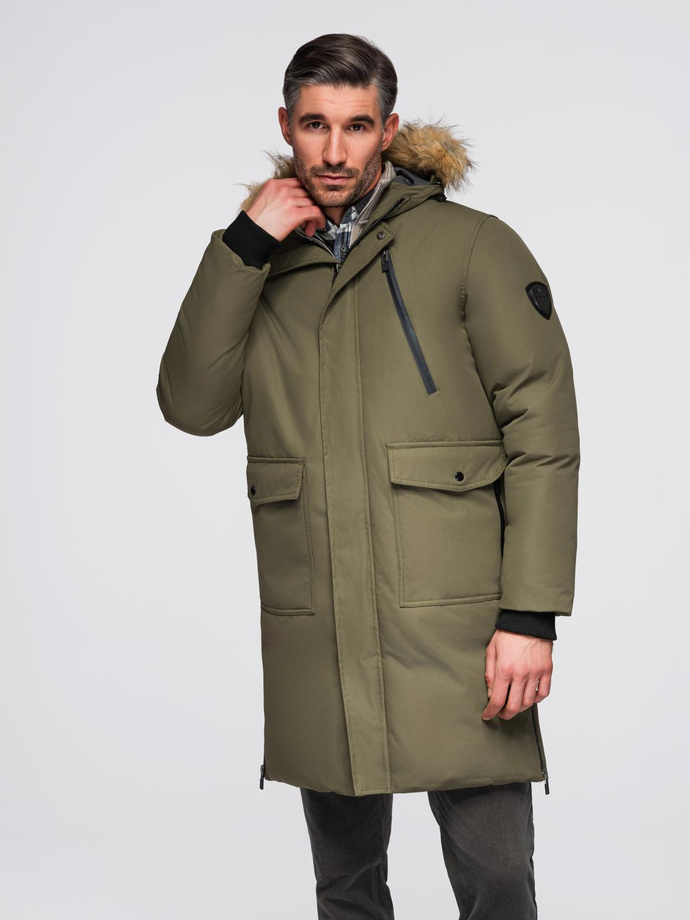 Alaskan men's winter jacket with detachable fur from the hood - dark olive green V3 OM-JALJ-0148