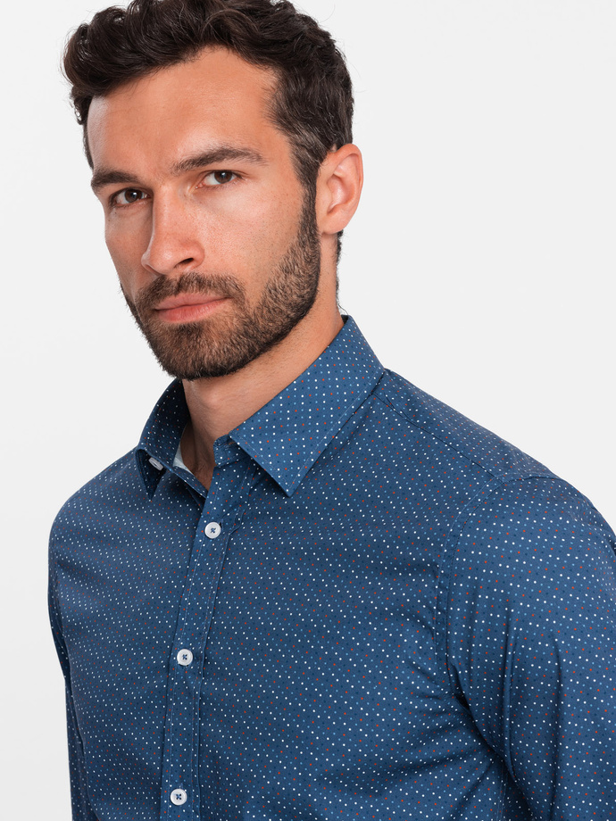 Bawełniana koszula męska we wzory SLIM FIT - niebieska V4 OM-SHCS-0151