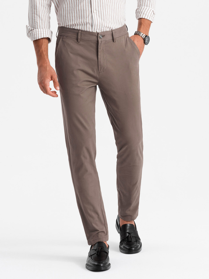 Jednolite spodnie męskie chino SLIM FIT – brązowe V1 OM-PACP-0183