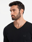 Longsleeve męski V-neck SLIM FIT z elastanem i printem – czarny V1 OM-LSBC-0123