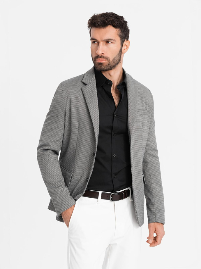 Marynarka męska casual w delikatną kratkę - szara V2 OM-BLZB-0116