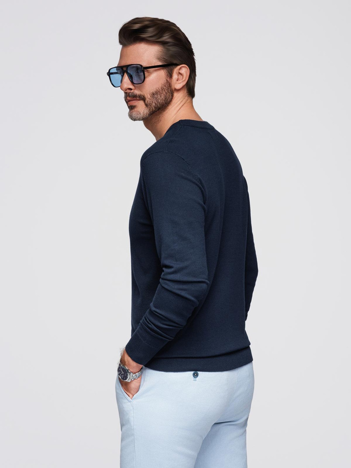 Men's sweater with round neckline in stretch knit with classic weave - navy blue V1 OM-SWSW-0183