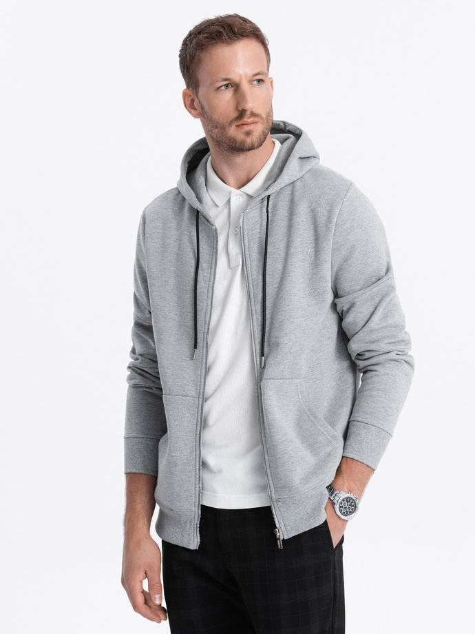 Men's unbuttoned hooded sweatshirt - grey melange V3 OM-SSZP-22FW-003