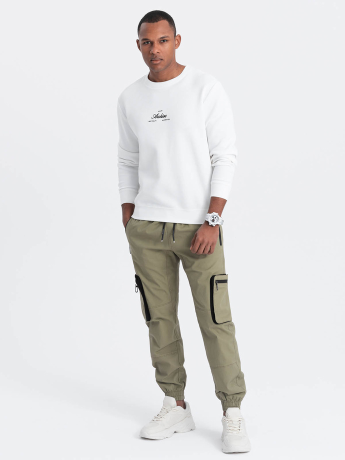 Men's JOGGER pants with zippered cargo pockets - light olive V1 OM-PAJO-0135