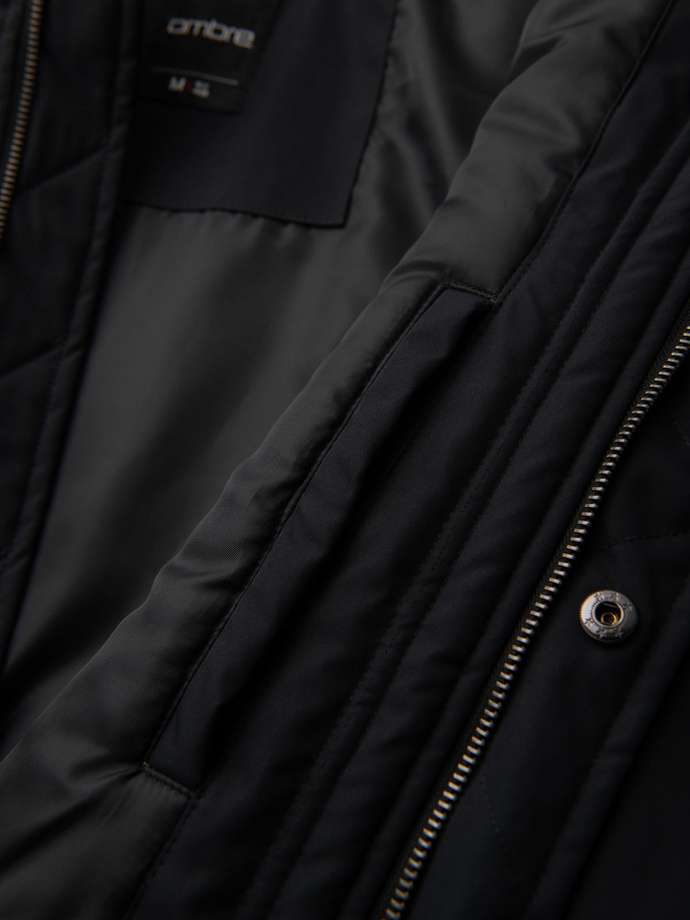 Men's faux leather jacket with ribbed bottom hem - black V2 OM-JAFL-0109