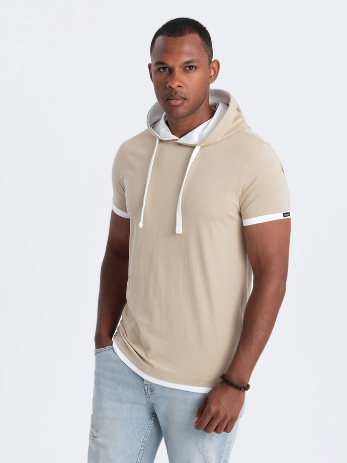 Men's casual cotton t-shirt with hood - beige V5 OM-TSCT-22SS-001