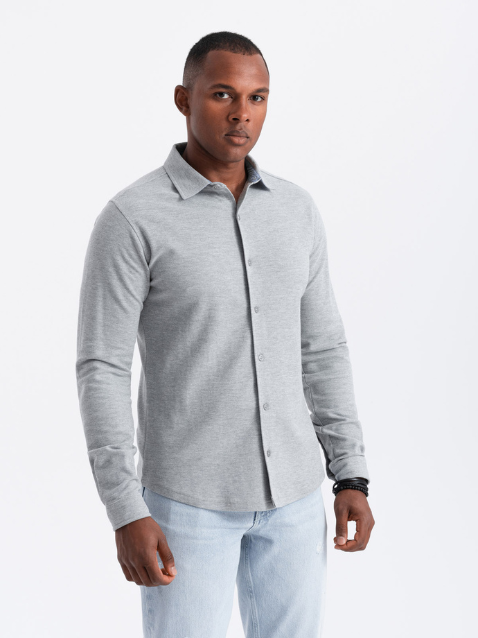 Męska koszula dzianinowa SLIM FIT z długim rękawem – szara V5 OM-SHCS-0177