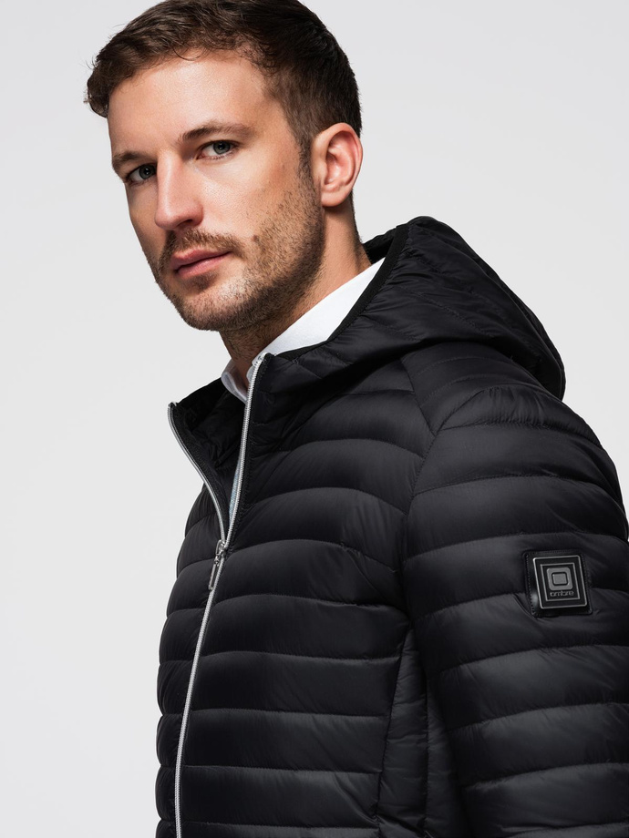 Ultralight men's natural down jacket with stowable pouch - black V1 OM-JALP-0211