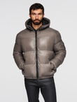 Warm men's puffer jacket with welts - dark beige V3 OM-JAHP-0207