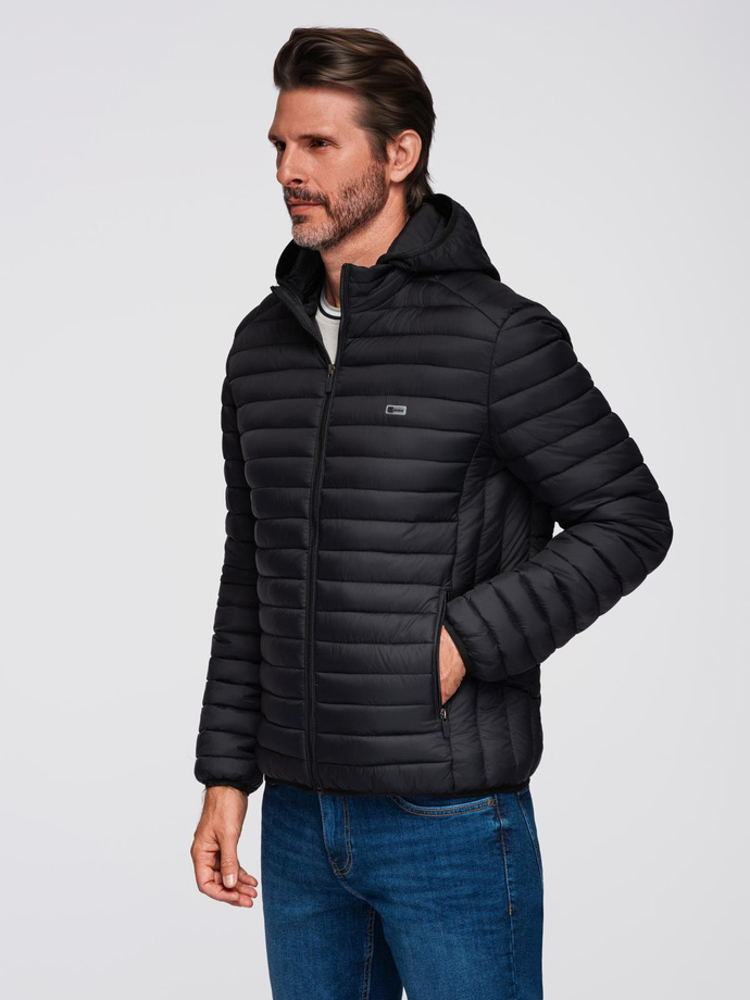 Men's quilted jacket with high zipped hood - black V1 OM-JAHP-0238