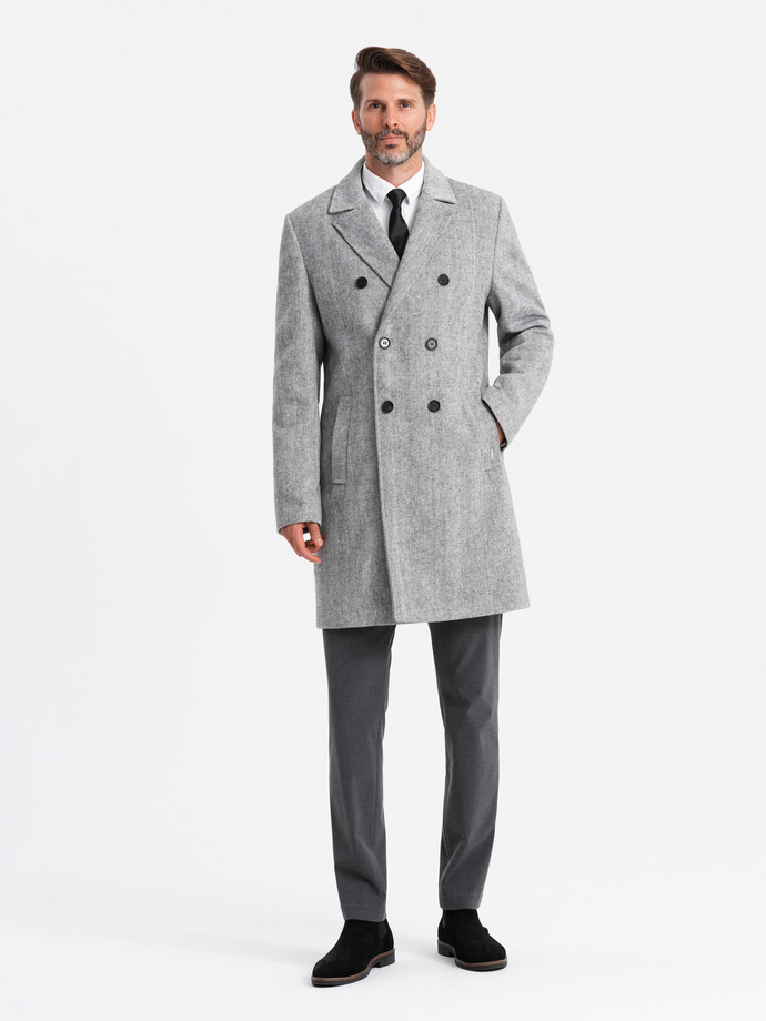 Elegancki dwurzędowy męski płaszcz w jodełkę – szary V1 OM-COWC-0118