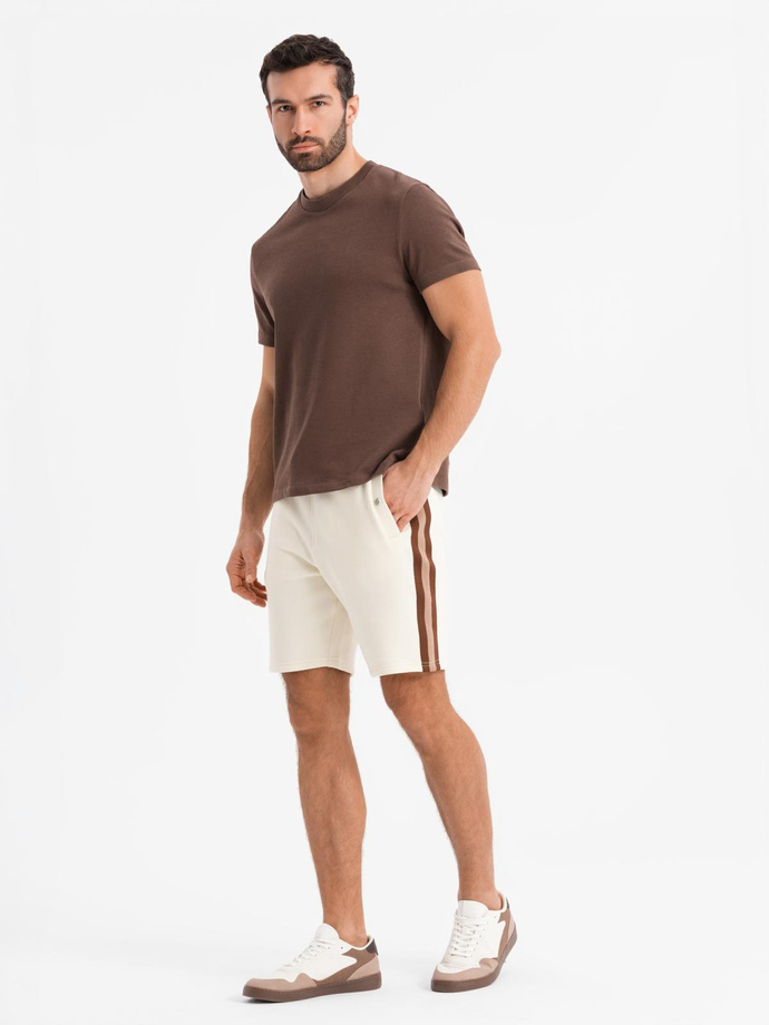 Men's sweat shorts with piping and drawstring waistband - cream V3 OM-SRSK-0156