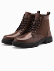 Men's trapper boots with high upper made of combined materials - dark brown V2 OM-FOBO-0174