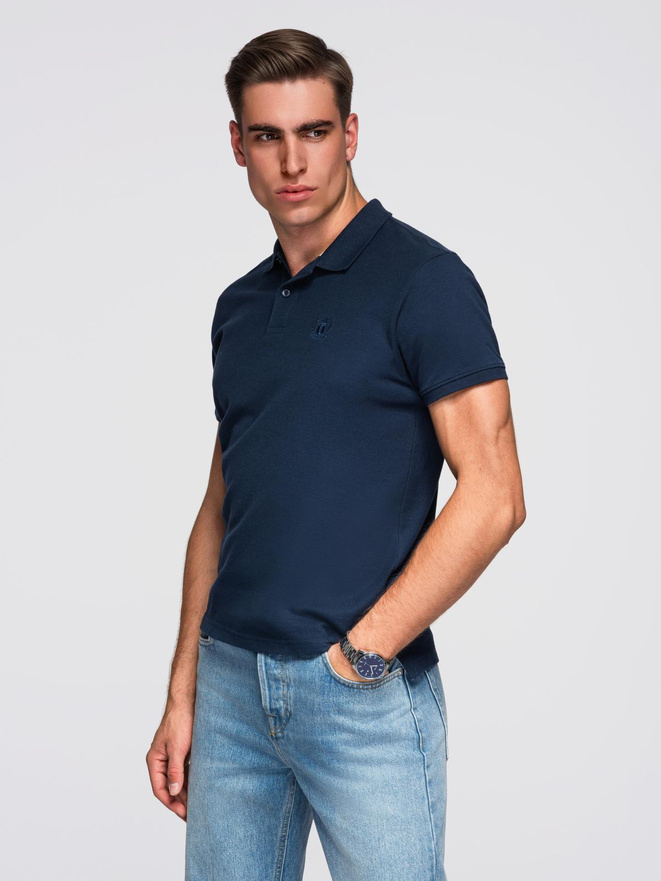 Jednokolorowa koszulka męska polo BASIC z dzianiny pique - granatowa V2 OM-POBS-0100