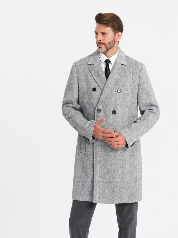 Elegancki dwurzędowy męski płaszcz w jodełkę – szary V1 OM-COWC-0118
