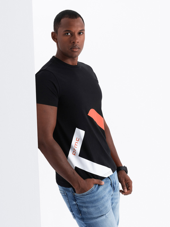 Men's cotton t-shirt with contrasting two-tone print - black V1 OM-TSPT-0219