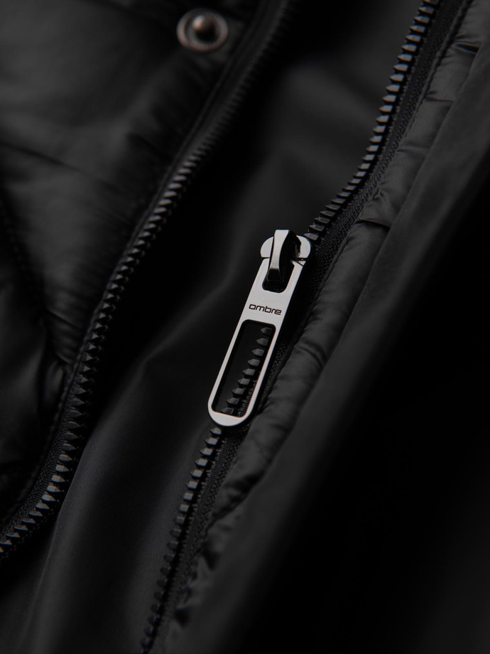 Men's quilted jacket with high zipped hood - black V1 OM-JAHP-0238