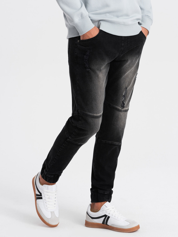 Men's marbled JOGGERS pants with rubbed edges - black V2 OM-PADJ-0153