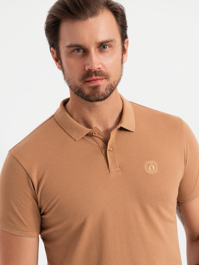 Komplet bawełnianych t-shirtów męskich polo BASIC – biały/cielisty/jasnobrązowy V6 OM-POBS-0133