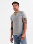 Men's t-shirt with button neckline and suede trim - grey V3 OM-TSCT-0206