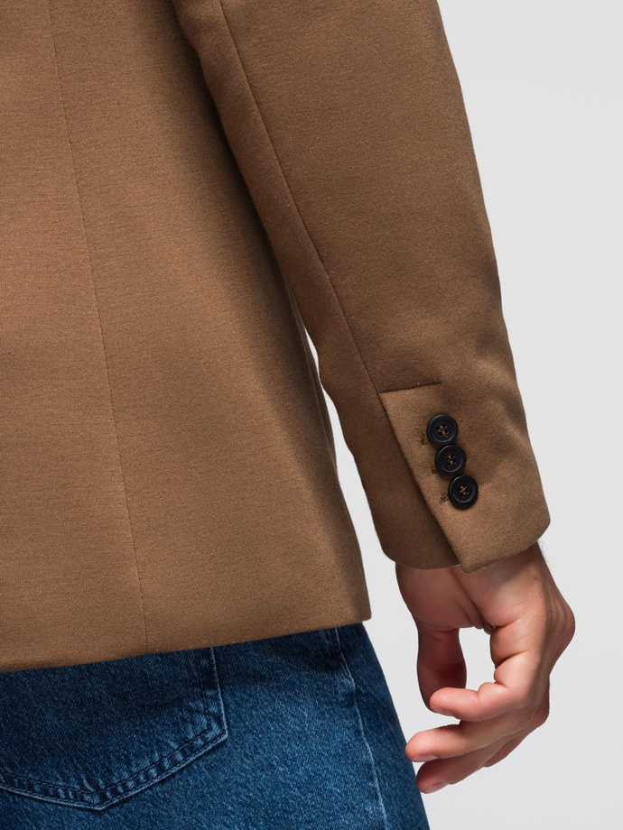 Dzianinowa męska marynarka o dopasowanym kroju - jasnobrązowa V4 OM-BLZB-0100