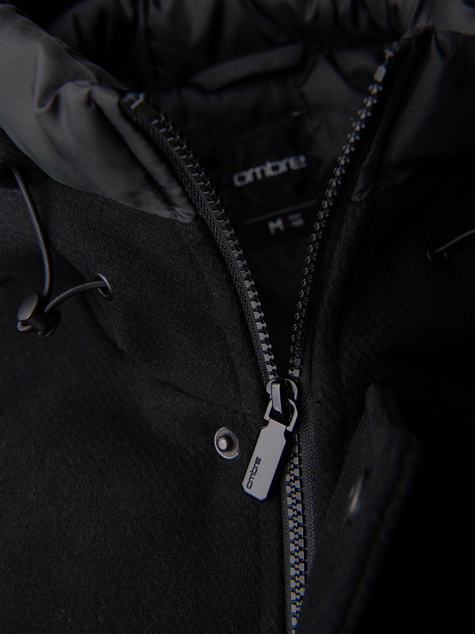 Men's insulated coat with hood and concealed zipper - black V1 OM-COWC-0110