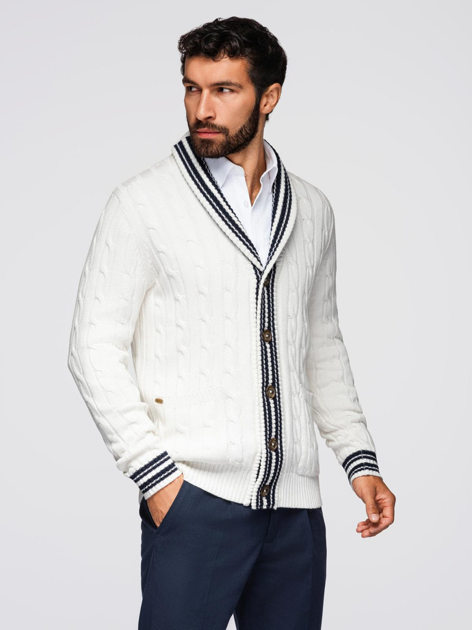 Knitted monochrome men's viscose cardigan - navy blue V1 OM-SWCD-0126