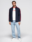 Washed men's sweatshirt with decorative stitching at the neckline - navy blue V4 OM-SSDS-0131