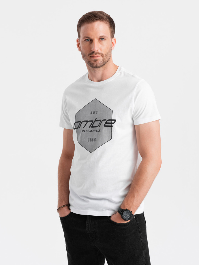 T-shirt męski bawełniany z nadrukiem geometrycznym i logotypem - biały V1 OM-TSPT-0141