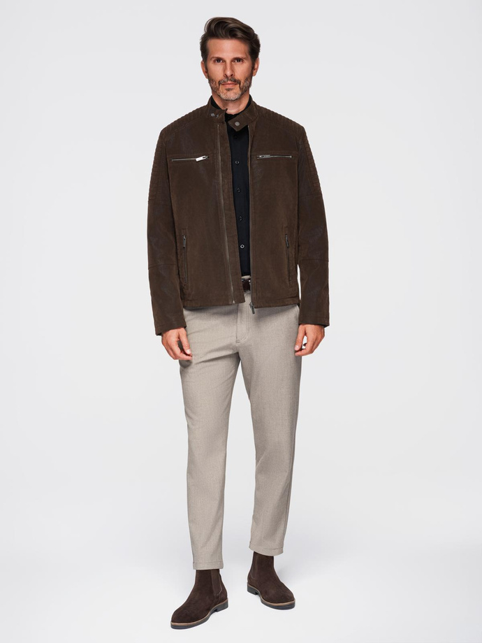 Men's stylish eco leather biker jacket with collar - dark brown V1 C637