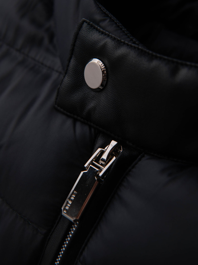 Men's imitation leather jacket with ribbed hem - dark brown V1 OM-JAFL-0109