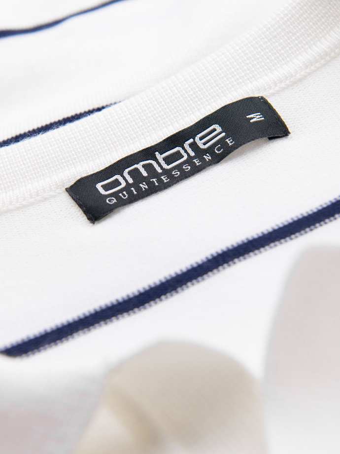 Men's horizontal striped viscose polo shirt - white and navy V2 OM-POSS-0145