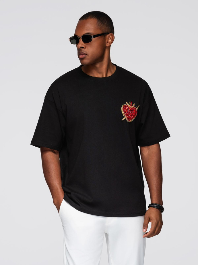 Men's cotton T-shirt with jewelry applique on chest - black V1 OM-TSCT-0290
