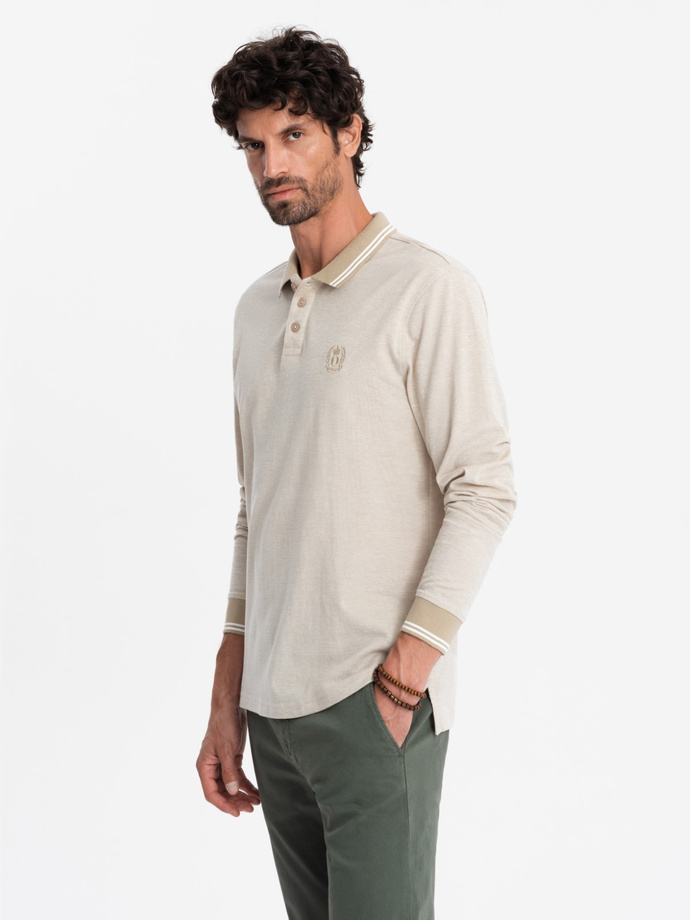 Melanżowy męski polo longsleeve z haftem – piaskowy melanż V4 OM-POLS-0129 