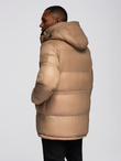 Długa męska kurtka puffer z zapinanymi kieszeniami – brązowa V2 OM-JALJ-0186