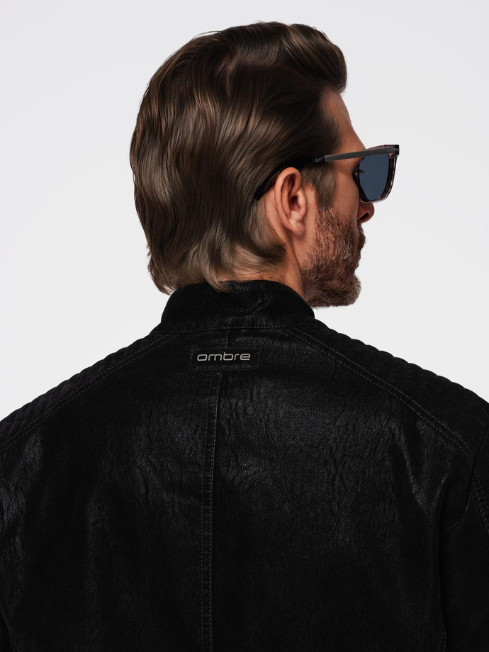Stylish men's eco leather biker jacket with collar - black V2 C637