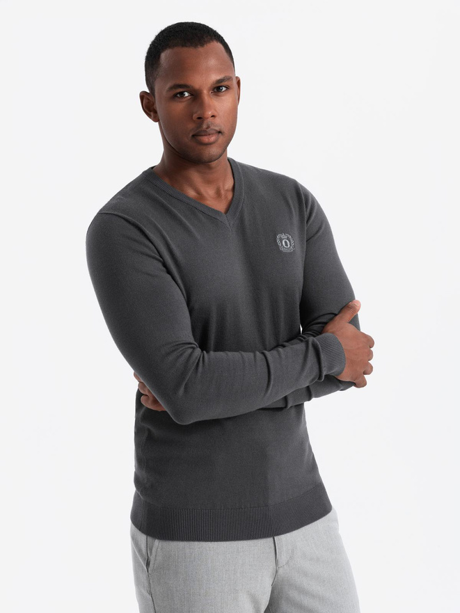 Elegant men's sweater with a heart neckline - graphite V17 OM-SWBS-0107