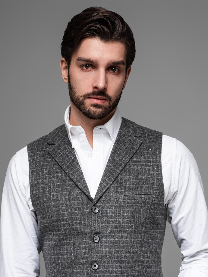 Elegancka kamizelka męska w kratkę z klapami – czarna V3 OM-BLZV-0110