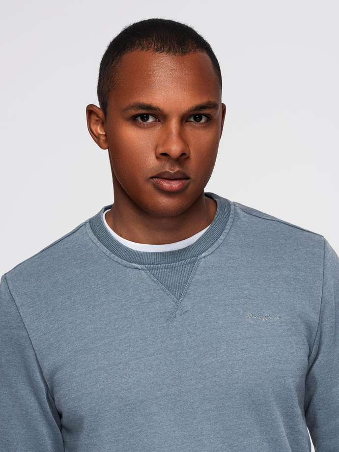 Washed men's sweatshirt with decorative stitching at the neckline - light blue V3 OM-SSDS-0131