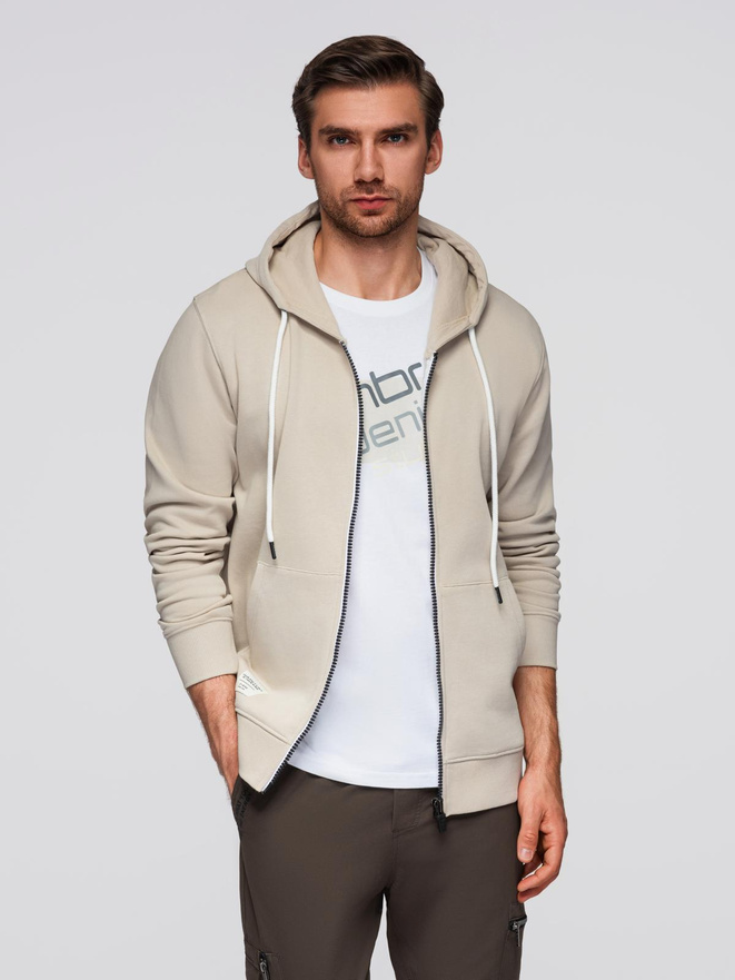 Bluza męska dresowa BASIC rozpinana z kapturem - jasnobeżowa V1 OM-SSBZ-0178