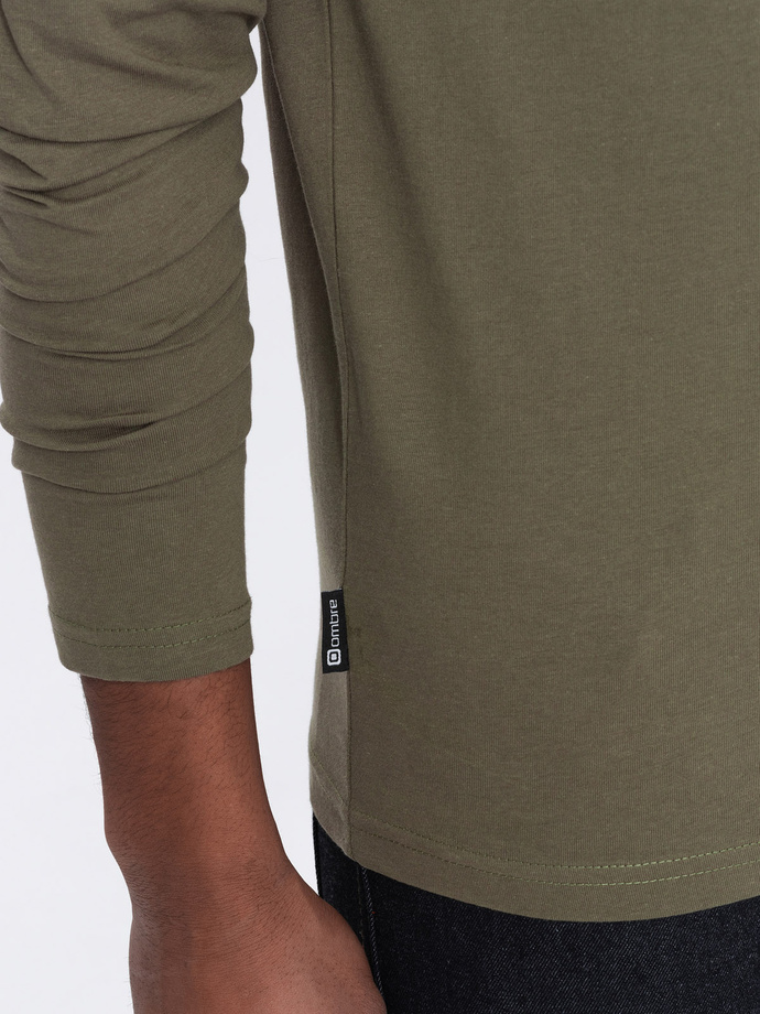 Longsleeve męski bez nadruku z dekoltem w serek - ciemnooliwkowy V2 OM-LSBL-0108