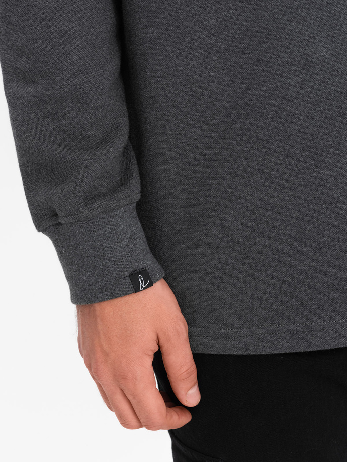 Bluza męska z kołnierzykiem polo ze strukturalnej dzianiny - grafitowy melanż V1 OM-SSNZ-0149